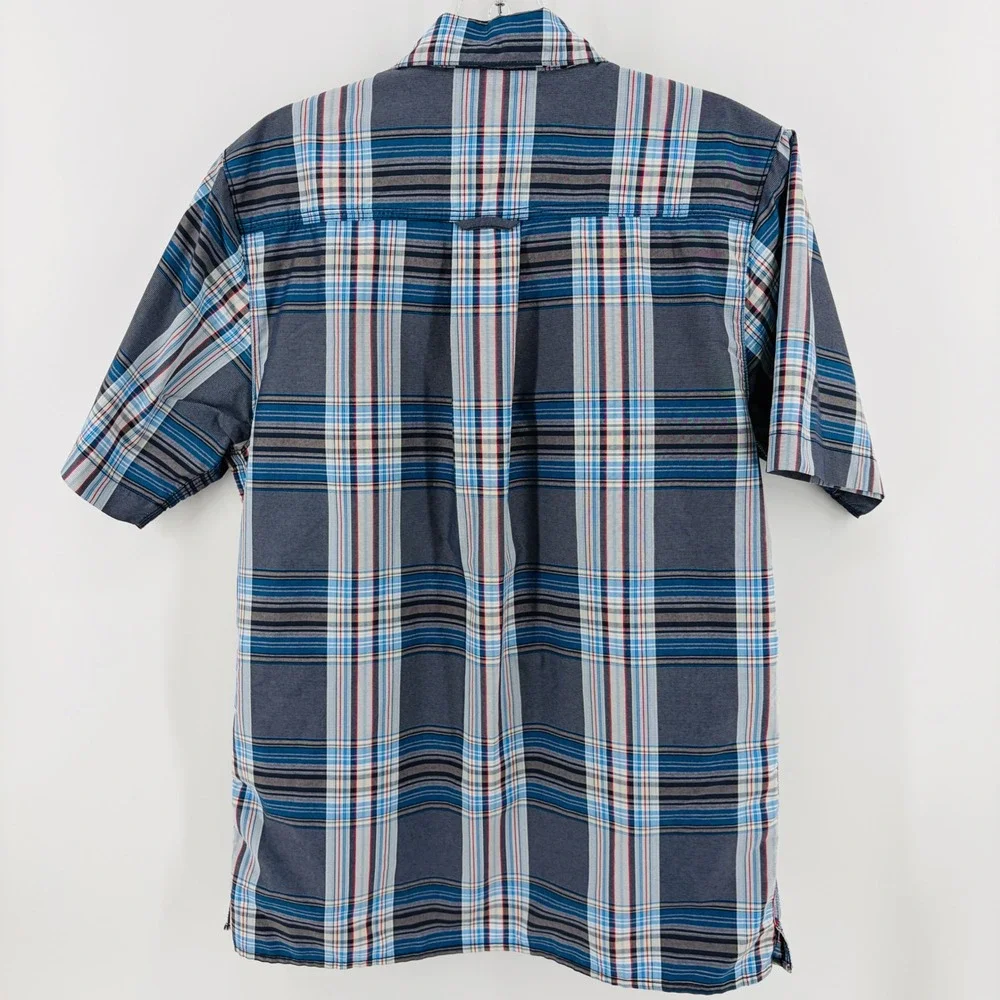 North Face Hiking Shirt Mens Med Blue Plaid Short Sleeve Button Down Performance
